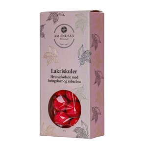 Amundsen Spesial Lakriskuler 130 g hvit sjokolade m/bringebær og rabarbra