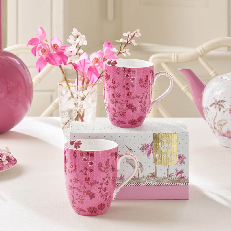 Pip Studio Jolie Flowers krus stor 36,5 cl 2 stk rosa