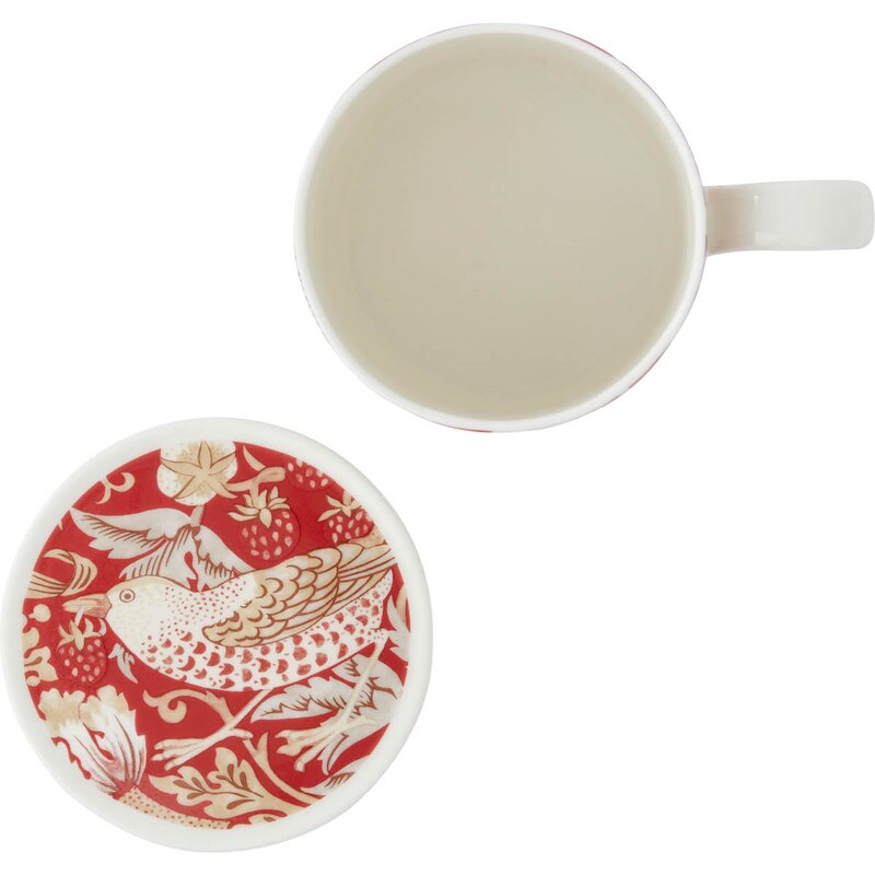 Spode Morris & Co kopp og coaster-sett Strawberry Thief Indian Red