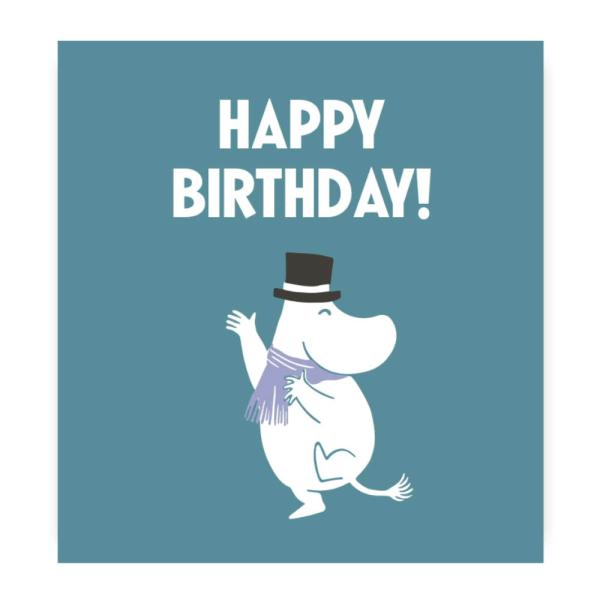 Moomin Mummi kort dobbelt Happy Birthday blå