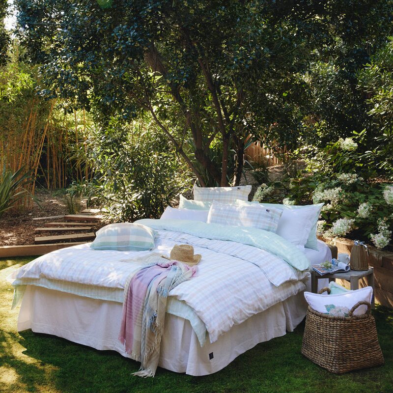 Lexington Sengesett 200x220 cm bomullspercale stripete hvit/blå/beige