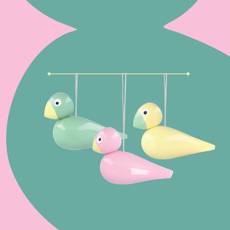 Kay Bojesen Denmark Sangfugl 5 cm 3 stk grønn/gul/rosa