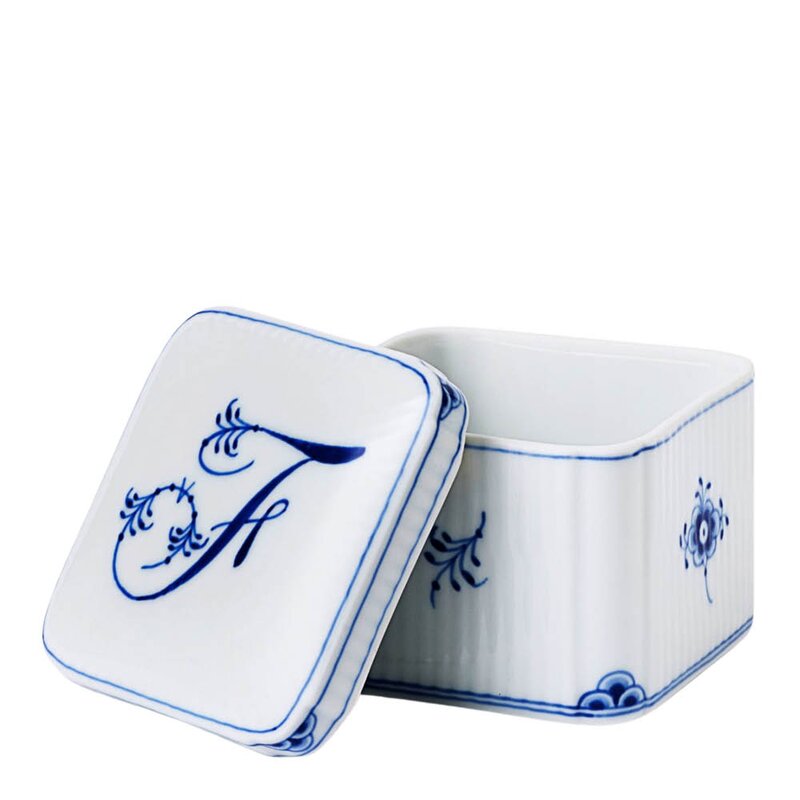 Royal Copenhagen Alphabet Collection firkantet bonbonniere F 13 cl blå/hvit