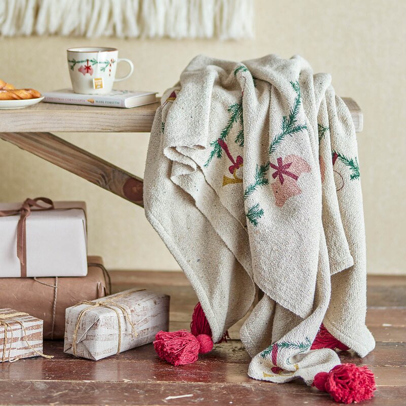 Bloomingville Yule pledd 160x130 cm natur/julemotiv