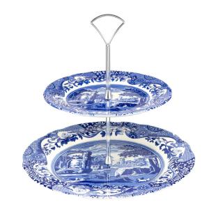 Spode Blue Italian 2-etasjes kakefat 27 cm blå/hvit