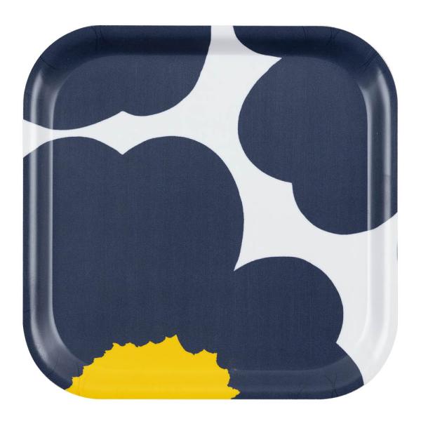 Marimekko – Unikko serveringsbrett 20×20 cm hvit/mørkblå/gul