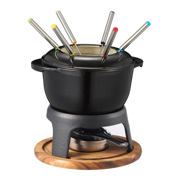 Dorre Foni fondue støpejern med treplate 18x18 cm 1,8L svart