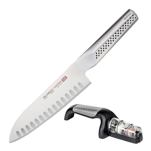 Global – Ukon knivsett santokukniv GU-04 hulslipt 19 cm + knivsliper G-91/SB våtslip