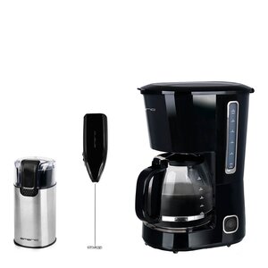 EMERIO Sett med kaffetrakter 1,5L, melkeskummer og kaffekvern svart/rustfritt stål