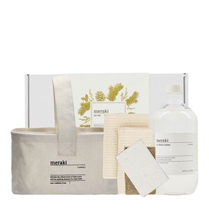 Meraki Gavesett rengjøringskitt med kurv,oppvaskklut,svamp og oppvaskmiddel 1L beige