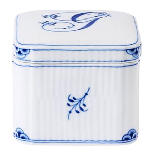 Royal Copenhagen Alphabet Collection firkantet bonbonniere G 13 cl blå/hvit