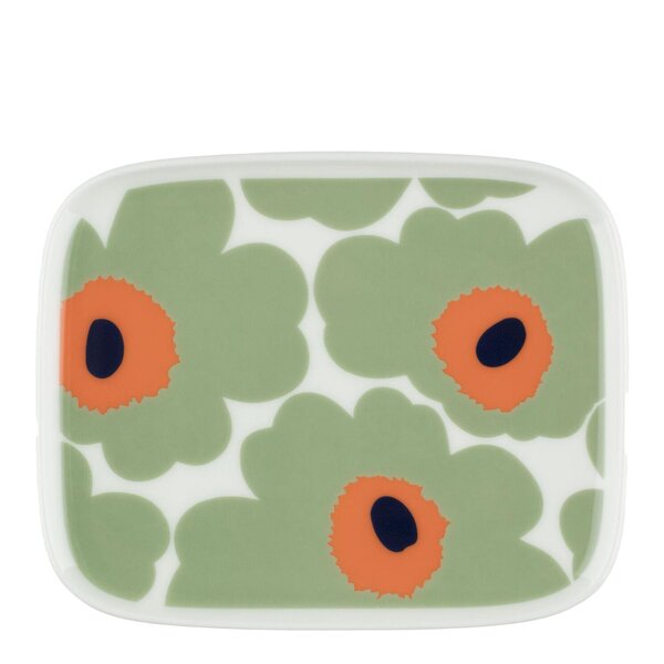 Marimekko – Oiva Unikko asjett rektangulær 15×12 cm hvit/sage/oransje/mørkblå