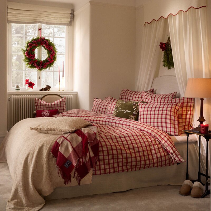 Lexington Sengesett flanell 140x200 cm rutete rød/beige